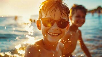 ai generado contento niños teniendo divertido en el playa a puesta de sol. niños teniendo divertido en verano vacaciones foto