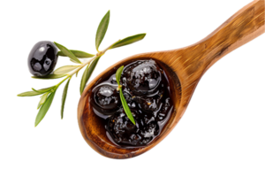 AI generated Green Olives in Oil on Wooden Spoon png