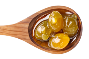 AI generated Green Olives in Oil on Wooden Spoon png