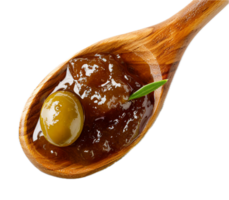 AI generated Green Olives in Oil on Wooden Spoon png