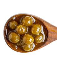 AI generated Green Olives in Oil on Wooden Spoon png