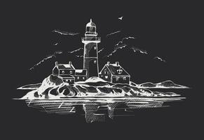 Lighthouse on the island. Hand drawn vector illustration. Isolated on black background