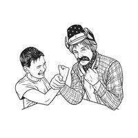 A black and white illustration of an arm wrestling between younger and older man vector