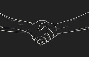 Handshake of two people. Hand drawn vector illustration. Isolated on black background