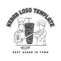 un logo modelo para un brocheta tienda con dos cocineros corte carne desde un asador vector