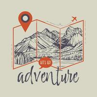 Vector hand drawn illustration of mountain landscape in vintage style with map and pointer