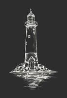 Lighthouse on the island. Hand drawn vector illustration in sketch style