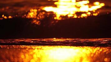 klein zee Golf, wazig zacht schuimend golven het wassen gouden zanderig strand Aan zonsondergang. oceaan golven Aan zanderig strand. niemand. vakantie recreatie concept. abstract nautische zomer oceaan zonsondergang natuur achtergrond. video