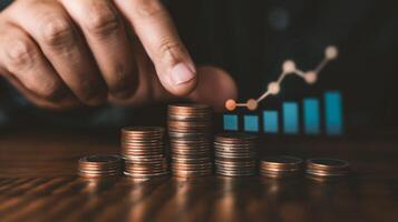 AI generated Investment concept, Coins graph stock market on wooden table with bokeh background photo