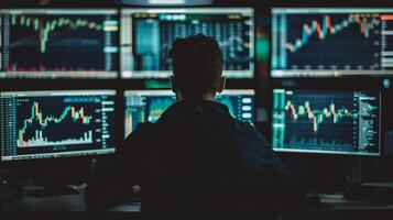 AI generated Rear view of a male trader sitting in front of the monitor with stock market data. photo