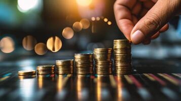 AI generated Investment concept, Coins graph stock market on wooden table with bokeh background photo