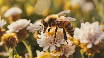 AI generated Bee on yellow flower in nature. Macro shot photo