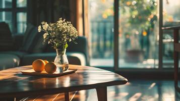 AI generated Vase of flowers on wooden table in front of window with sunlight photo