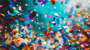 AI generated Colorful confetti with bokeh effect on blue background photo