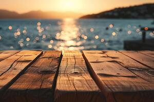 AI generated Wooden table in front of sea and sunset - can be used for display or montage your products photo