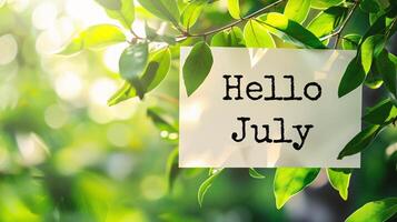 AI generated Hello july card with green leaves bokeh background and text photo