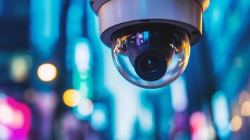 AI generated CCTV security camera or surveillance system with bokeh background photo