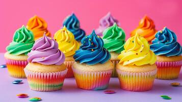 AI generated Colorful cupcakes with buttercream frosting on colorful background. photo