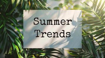 AI generated Summer holidays concept. Text SUMMER TRENDS on green palm leaves background photo