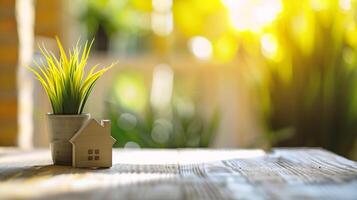 AI generated Miniature house and plant in pot on wooden table with sunlight background photo