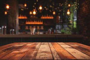 AI generated Empty wooden table and Coffee shop blur background with bokeh photo