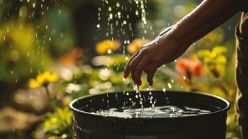 ai generado manos de un hombre torrencial agua desde un riego lata en un jardín foto