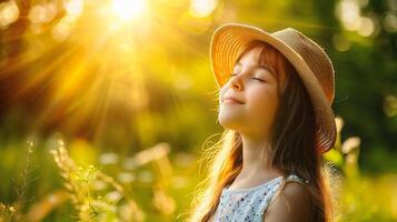 ai generado retrato de un linda pequeño niña en un Paja sombrero en un soleado verano día foto