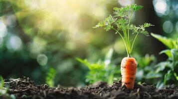 AI generated Fresh organic carrots growing in the soil. Vegetable garden concept. photo