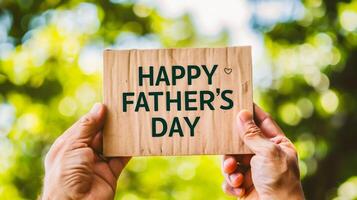 AI generated Hands holding cardboard with happy father's day text on nature background photo