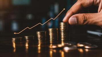 AI generated Investment concept, Coins graph stock market on wooden table with bokeh background photo