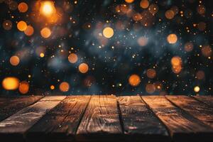 AI generated Wooden table in front of blurred background with bokeh effect photo