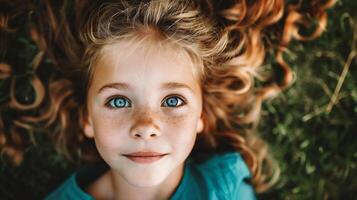 ai generado retrato de un linda pequeño niña con pecas en su rostro. foto