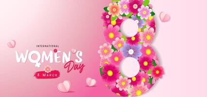 International Women's day greeting card, floral number 8 and pink background vector