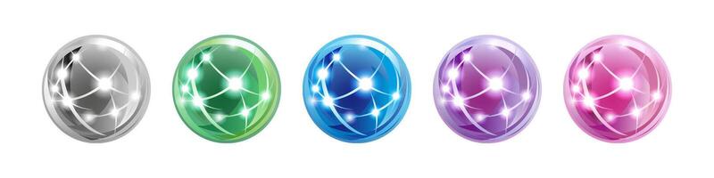 Set of cute 3D shiny balls. Telecommunications or travel icons. Holiday decorations. Planet Earth symbol, global business concept. Blue, green, pink, purple, black and white colors. Colorful elements. vector