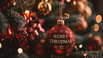 AI generated Christmas and New Year greeting card. Decorated Christmas tree with red and golden baubles and lights. photo