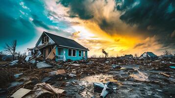 ai generado dramático cielo terminado un destruido casa en el playa foto