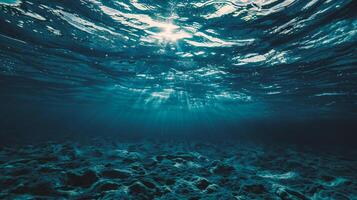 AI generated Underwater view of the sea surface with sunbeams and rays photo