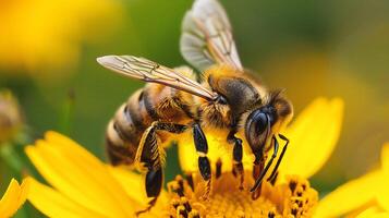 AI generated Bee on yellow flower in nature. Macro shot photo