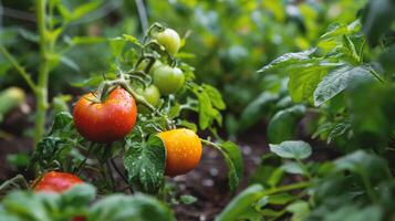 AI generated Ripe red tomatoes growing in the garden photo