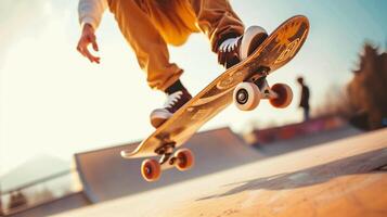 ai generado skater montando un patineta en un Parque de patinaje rampa foto