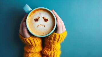 AI generated Woman holding a cup of coffee with a sad face on it photo