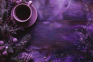 AI generated Cup of coffee and Christmas decorations on wooden background. Top view photo