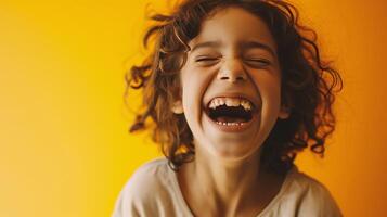 AI generated laughing little girl with curly hair on yellow background, studio shot photo