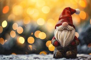 AI generated Christmas greeting card with Santa Claus toy on bokeh lights background photo