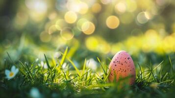 ai generado Pascua de Resurrección huevo en el césped con bokeh antecedentes. contento Pascua de Resurrección foto