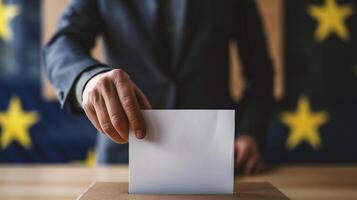 AI generated Close-up of male hand putting voting paper in ballot box photo
