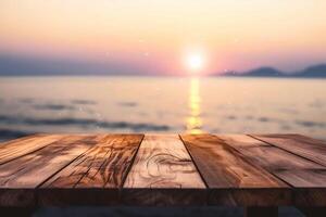 AI generated Wooden table in front of sea and sunset - can be used for display or montage your products photo