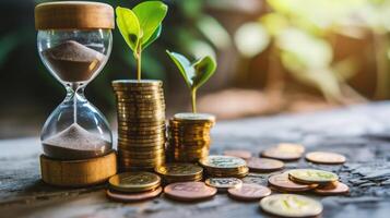 AI generated Time is money concept, green plant growing out of coins and sandglass photo