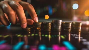 AI generated Investment concept, Coins graph stock market on wooden table with bokeh background photo