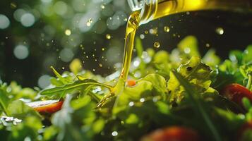 AI generated Closeup of pouring olive oil from bottle into plate with salad photo